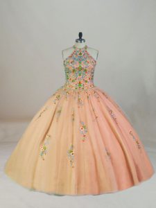 Latest Peach Ball Gowns Tulle Halter Top Sleeveless Appliques and Embroidery Lace Up Vestidos de Quinceanera Brush Train