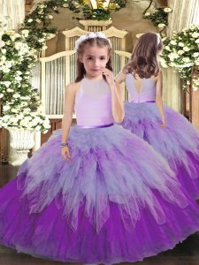  Sleeveless Tulle Floor Length Backless Pageant Gowns For Girls in Multi-color with Ruffles