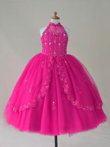 Sleeveless Lace Up Floor Length Beading and Appliques Little Girl Pageant Dress