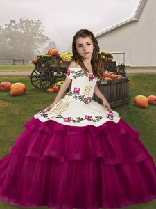 Perfect Fuchsia Ball Gowns Tulle Straps Sleeveless Embroidery and Ruffled Layers Floor Length Lace Up Little Girls Pageant Dress