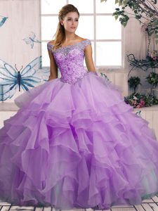  Organza Off The Shoulder Sleeveless Lace Up Beading and Ruffles Sweet 16 Dress in Lavender