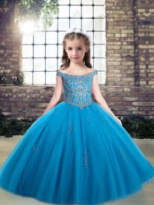 Discount Sleeveless Floor Length Beading Lace Up Kids Formal Wear with Baby Blue