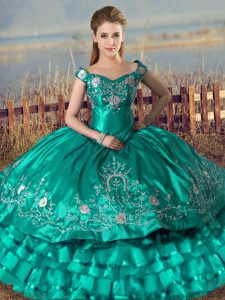 Classical Turquoise Off The Shoulder Lace Up Embroidery and Ruffled Layers 15th Birthday Dress Sleeveless