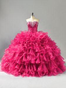  Hot Pink Ball Gowns Sweetheart Sleeveless Organza Floor Length Lace Up Beading and Ruffles Vestidos de Quinceanera
