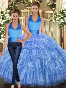 Trendy Baby Blue Organza Lace Up Quinceanera Dress Sleeveless Floor Length Ruffles and Pick Ups
