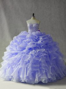Custom Designed Sleeveless Organza Brush Train Lace Up 15th Birthday Dress in Lavender with Beading and Ruffles and Pick Ups