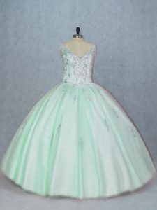  Apple Green Quinceanera Gowns Sweet 16 and Quinceanera with Beading and Appliques V-neck Sleeveless Lace Up