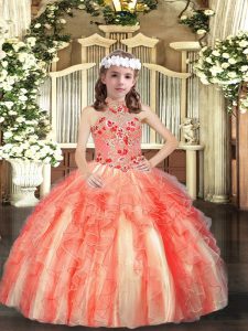  Orange Red Tulle Lace Up Halter Top Sleeveless Floor Length Little Girl Pageant Dress Appliques and Ruffles