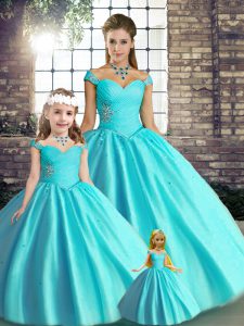  Aqua Blue Ball Gowns Off The Shoulder Sleeveless Tulle Floor Length Lace Up Beading Quinceanera Dress