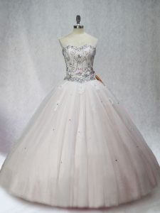  White Ball Gowns Tulle Sweetheart Sleeveless Beading Floor Length Lace Up Quinceanera Dresses