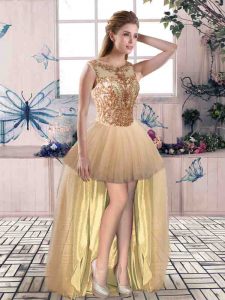 High Low Gold Homecoming Dress Tulle Sleeveless Beading