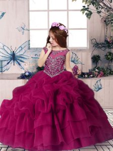 Top Selling Fuchsia Sleeveless Beading and Pick Ups Floor Length Child Pageant Dress