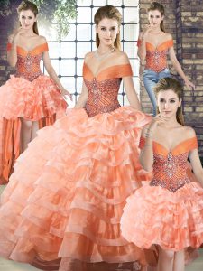  Lace Up 15th Birthday Dress Peach for Military Ball and Sweet 16 and Quinceanera with Beading and Ruffled Layers Brush Train