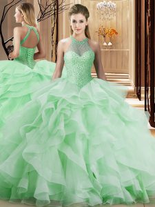  Apple Green Sleeveless Beading and Ruffles Lace Up 15th Birthday Dress