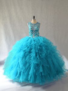 Most Popular Baby Blue Lace Up Scoop Beading and Ruffles 15th Birthday Dress Tulle Sleeveless