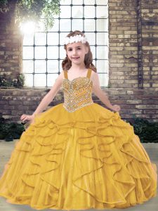 Beauteous Gold Kids Pageant Dress Party and Sweet 16 and Wedding Party with Beading and Ruffles Straps Sleeveless Lace Up