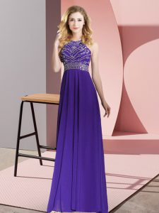 Amazing Purple Sleeveless Floor Length Beading Backless Homecoming Dress