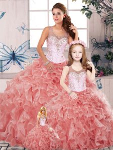 Fancy Watermelon Red Organza Clasp Handle Quinceanera Gown Sleeveless Floor Length Beading and Ruffles