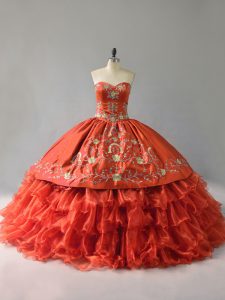 Dynamic Orange Red Ball Gowns Satin and Organza Sweetheart Sleeveless Embroidery and Ruffles Floor Length Lace Up Quinceanera Gown