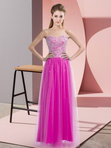Hot Selling Fuchsia Sleeveless Floor Length Beading Lace Up Evening Dress