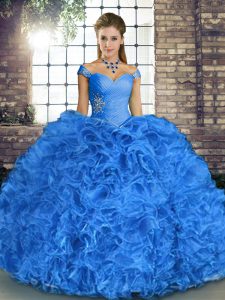 Top Selling Floor Length Blue 15th Birthday Dress Off The Shoulder Sleeveless Lace Up