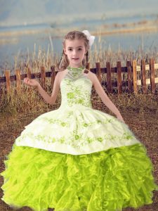  Yellow Green Organza Lace Up Halter Top Sleeveless Floor Length Little Girl Pageant Gowns Beading and Embroidery and Ruffles