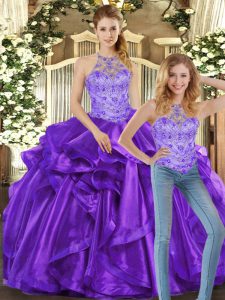 Fitting Organza Halter Top Sleeveless Lace Up Beading and Ruffles Ball Gown Prom Dress in Purple