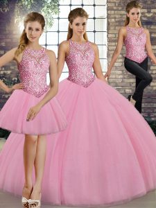  Pink Lace Up Quinceanera Dress Embroidery Sleeveless Floor Length
