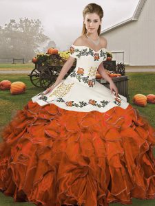  Rust Red Organza Lace Up Off The Shoulder Sleeveless Floor Length Quinceanera Gown Embroidery and Ruffles