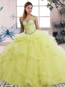 Super Yellow Tulle Lace Up Vestidos de Quinceanera Sleeveless Floor Length Beading and Ruffles