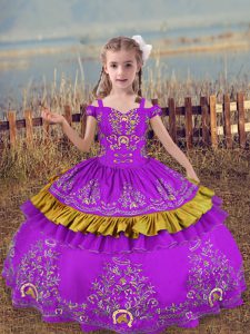 Gorgeous Purple Ball Gowns Satin Off The Shoulder Sleeveless Beading and Embroidery Floor Length Lace Up Kids Pageant Dress