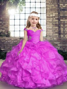  Lilac Sleeveless Floor Length Beading and Ruffles Lace Up Little Girls Pageant Dress Wholesale