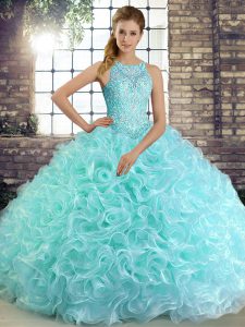  Sleeveless Floor Length Beading Lace Up 15th Birthday Dress with Aqua Blue