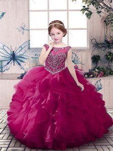  Sleeveless Floor Length Beading and Ruffles Zipper Little Girls Pageant Dress Wholesale with Fuchsia