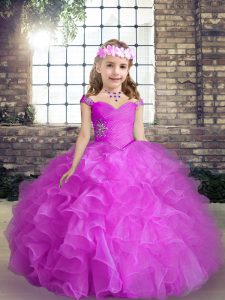  Floor Length Lace Up Pageant Gowns For Girls Fuchsia for Party and Wedding Party with Beading and Ruffles