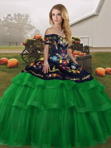 Dramatic Off The Shoulder Sleeveless Vestidos de Quinceanera Brush Train Embroidery and Ruffled Layers Green Tulle