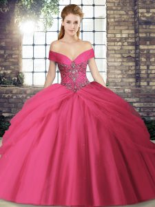  Hot Pink Lace Up Quince Ball Gowns Beading and Pick Ups Sleeveless Brush Train