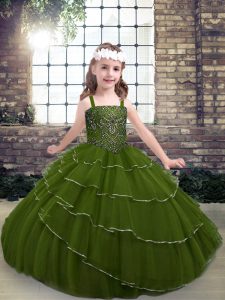  Straps Sleeveless Little Girl Pageant Gowns Floor Length Beading and Ruffled Layers Olive Green Tulle