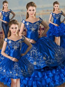  Royal Blue Off The Shoulder Lace Up Embroidery and Ruffled Layers Quinceanera Dress Sleeveless