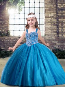 Elegant Floor Length Blue Little Girls Pageant Dress Wholesale Straps Sleeveless Lace Up