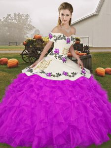  Off The Shoulder Sleeveless Ball Gown Prom Dress Floor Length Embroidery and Ruffles Purple Organza