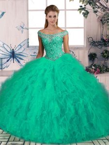  Ball Gowns Sleeveless Turquoise Quinceanera Gowns Brush Train Lace Up