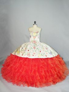Glorious Coral Red Organza Lace Up Sweetheart Sleeveless Floor Length 15 Quinceanera Dress Embroidery and Ruffles