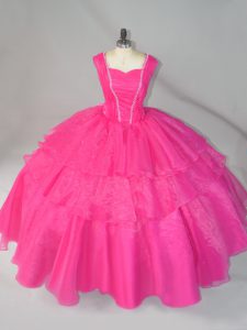 Luxurious Hot Pink Lace Up Straps Beading Quinceanera Dresses Organza Sleeveless