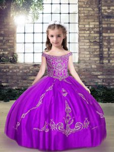  Sleeveless Tulle Floor Length Lace Up Girls Pageant Dresses in Purple with Beading