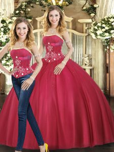 Nice Floor Length Red Quinceanera Dress Strapless Sleeveless Lace Up