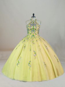 Flirting Yellow Green Sweet 16 Dress Tulle Brush Train Sleeveless Appliques and Embroidery