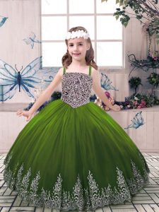 Exquisite Olive Green Lace Up Straps Beading and Embroidery Little Girl Pageant Dress Tulle Sleeveless