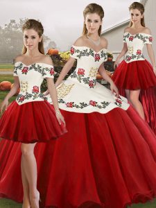 Smart Sleeveless Floor Length Embroidery Lace Up 15 Quinceanera Dress with White And Red 
