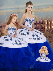 Fashion Floor Length Lace Up Sweet 16 Dresses Royal Blue for Military Ball and Sweet 16 and Quinceanera with Embroidery and Ruffles and Bowknot